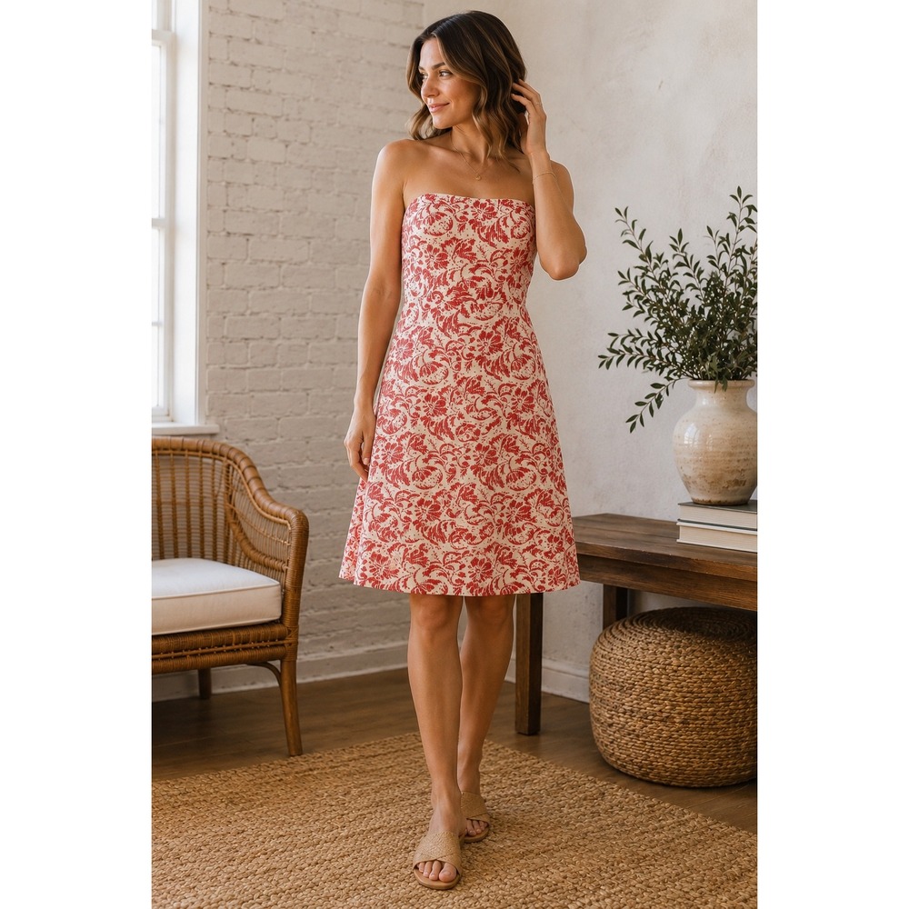 J.Crew Strapless Floral Dress Size 8 Coral Red Ivory Cotton Fit & Flare Sundress